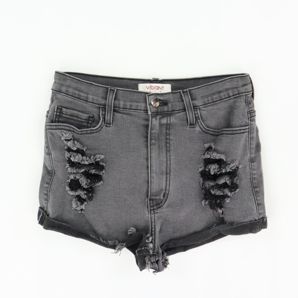Vibrant miu Jean Shorts Distressed Cuffed High Rise Womens M Gray Denim Stretch